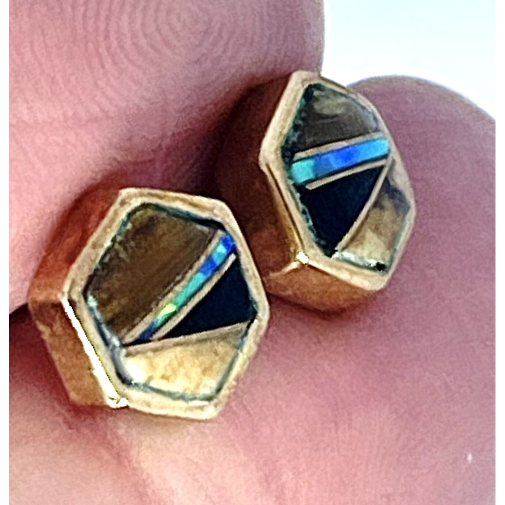 Navajo Stud Earrings Fire Opal Tiger Eye Signed Offina Pino Bronze Sterling 925